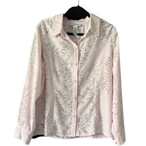Sag Harbor Womens Sz14 Pink SemiSheer Floral Button Shirt Silver Thread See Pics